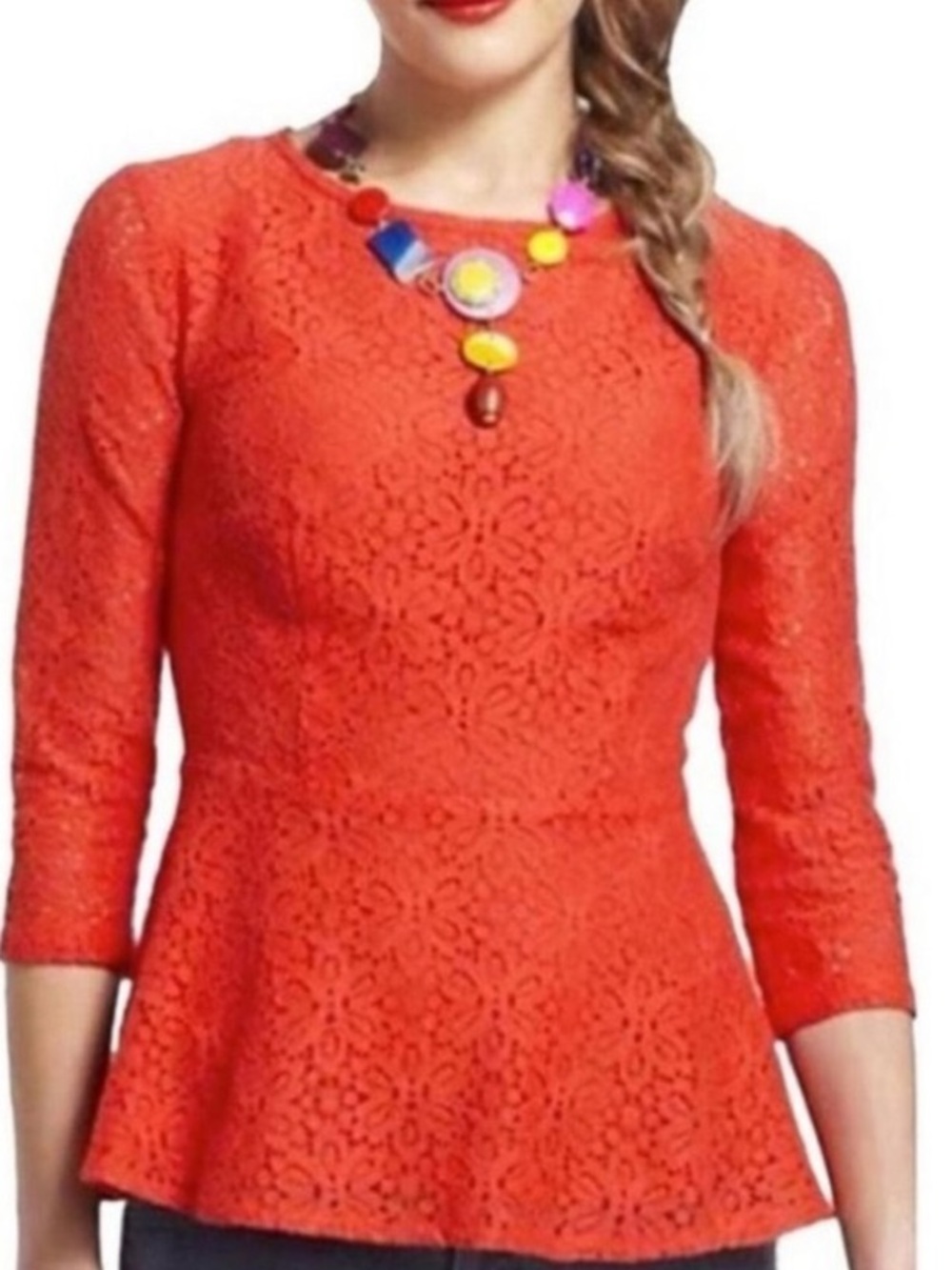Anthropologie Moulinette Soeurs Coral Red Orange Lace Peplum Blouse Size 10